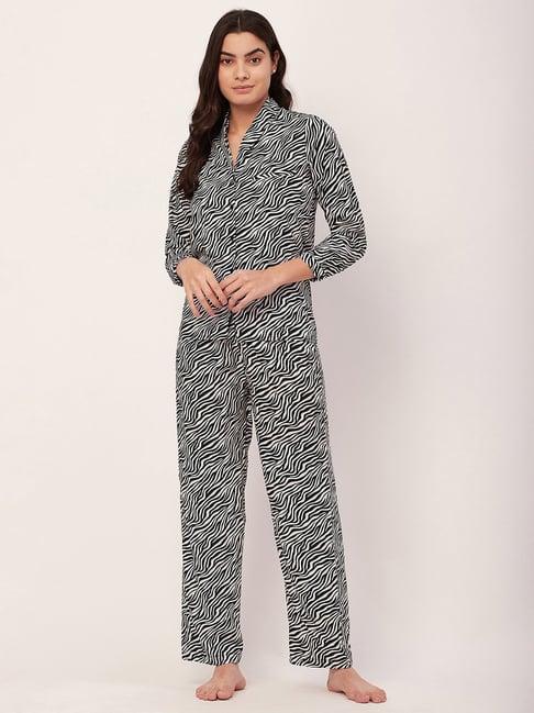 moomaya black & white satin printed shirt with pyjamas