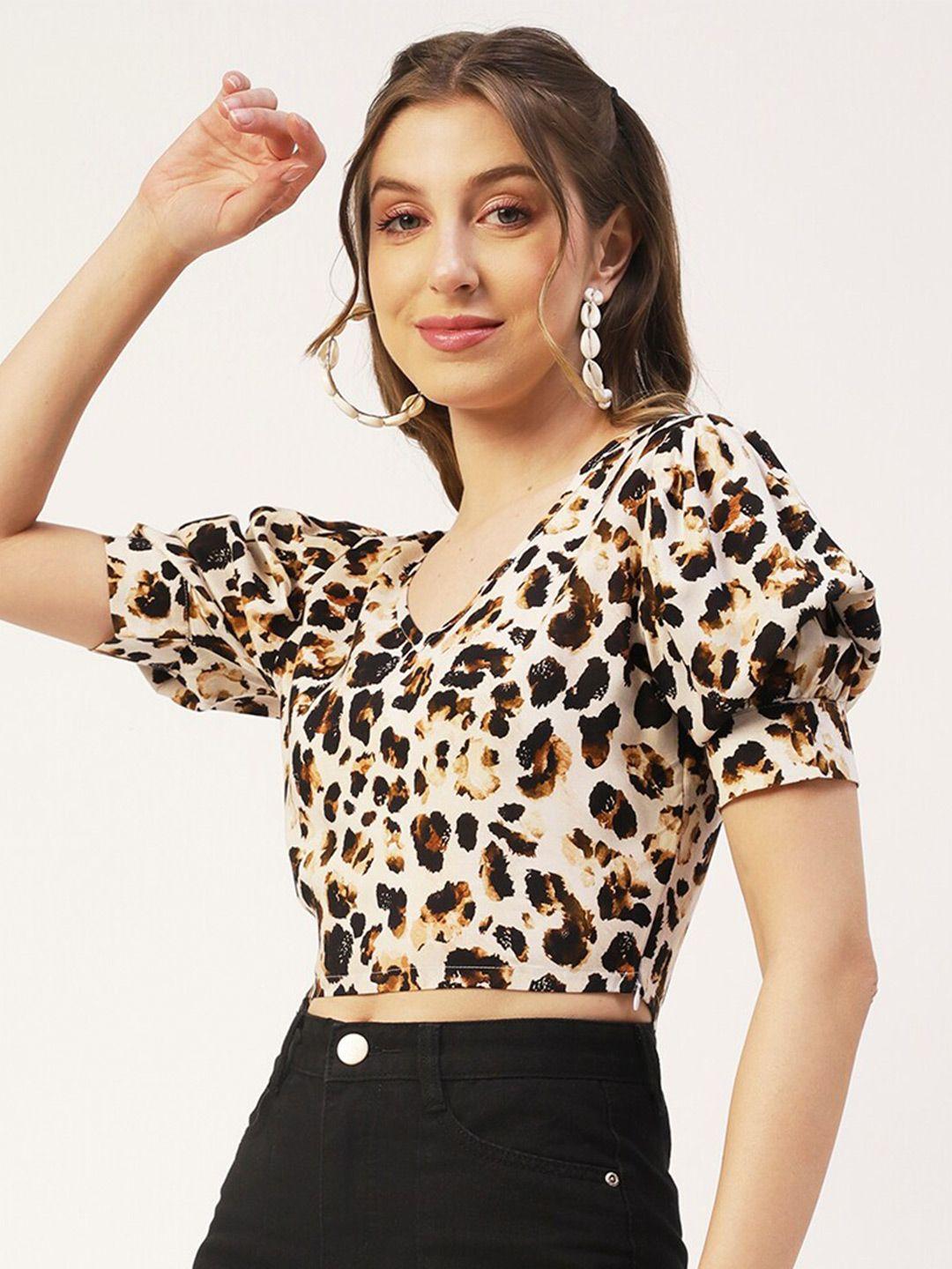 moomaya black animal print puff sleeve wrap crop top