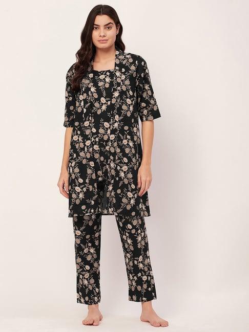 moomaya black cotton floral print top with pyjamas & shrug