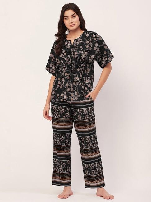 moomaya black cotton floral print top with pyjamas