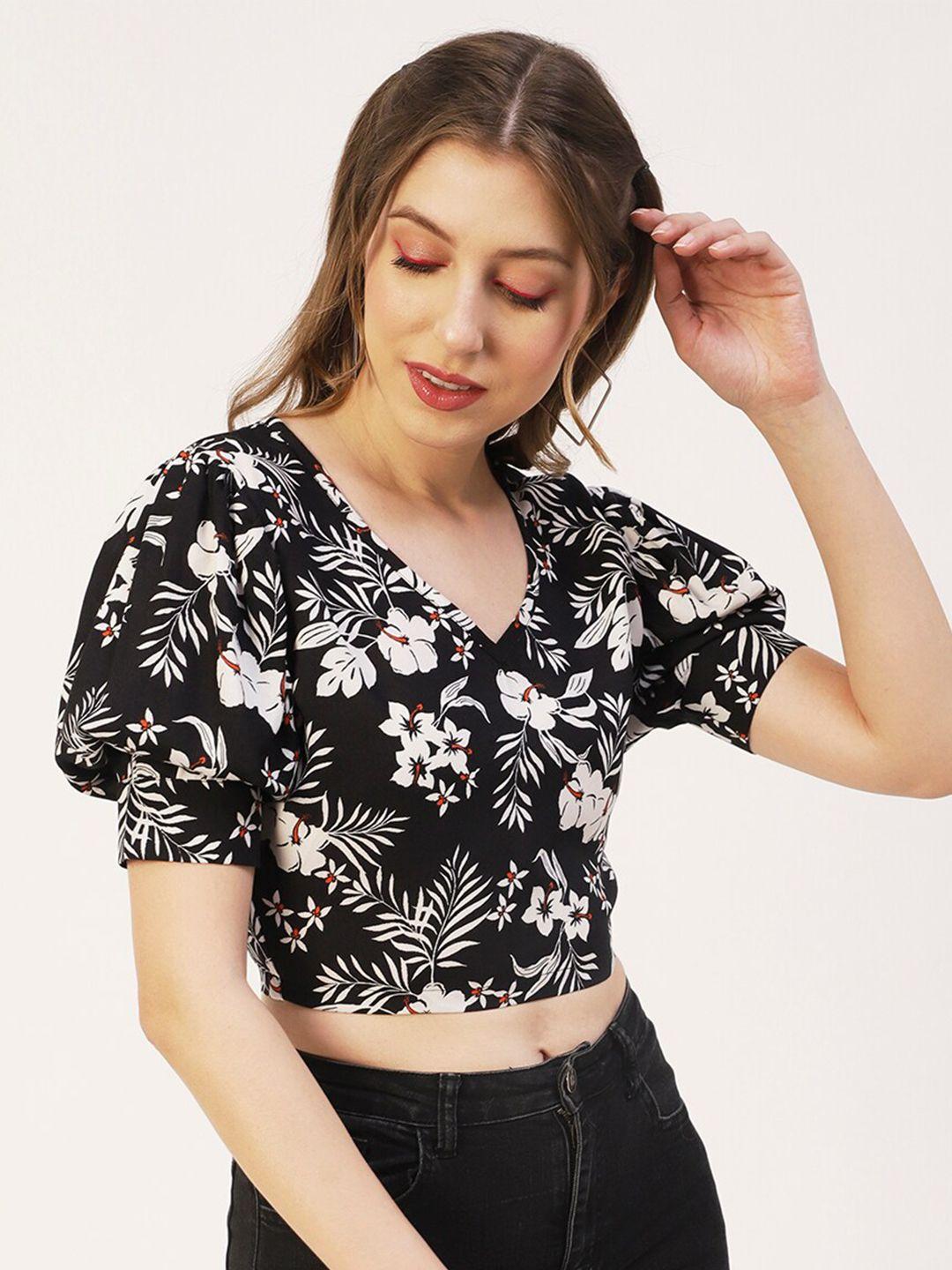 moomaya black floral print puff sleeve wrap crop top