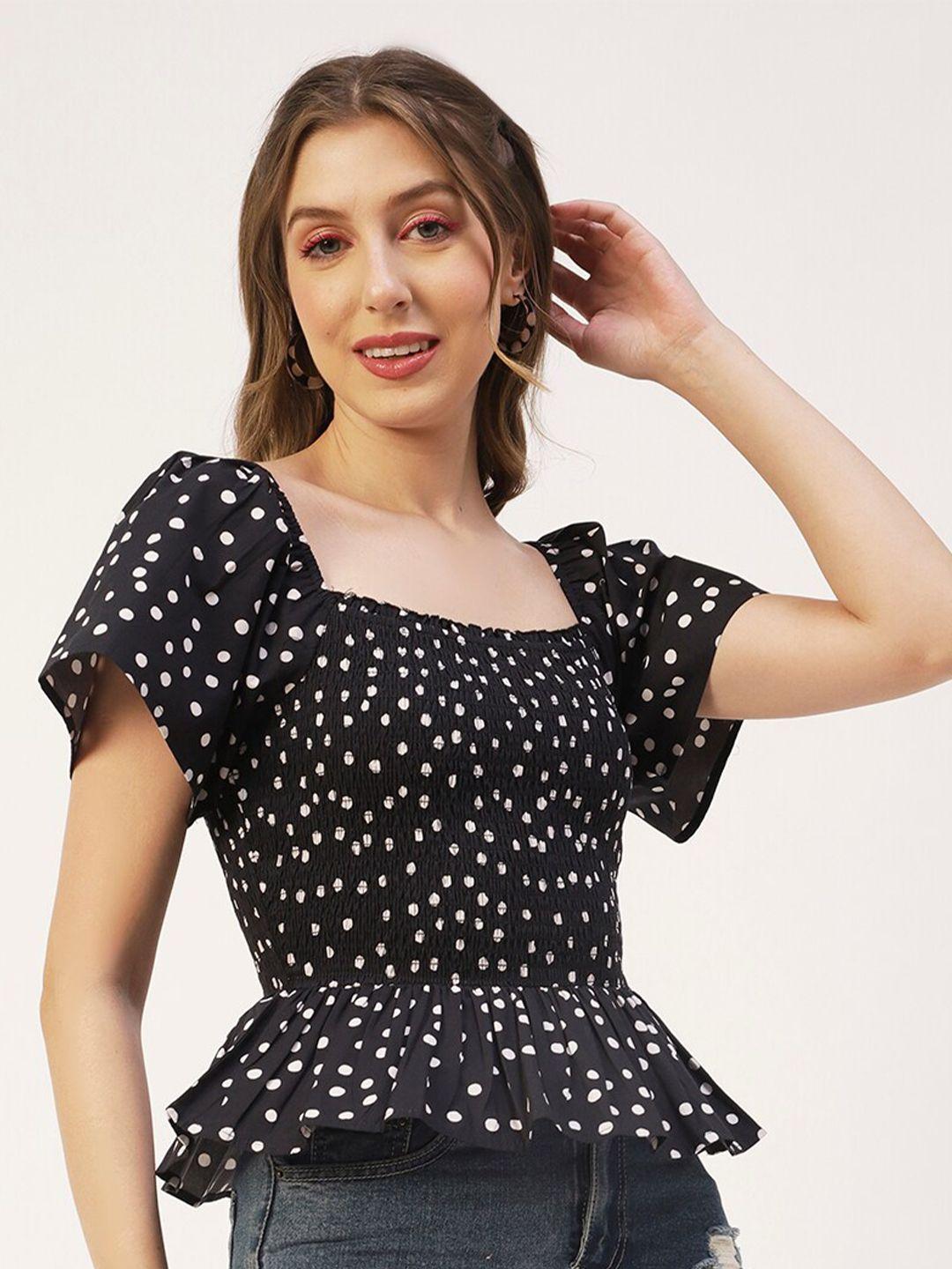 moomaya black polka dot print sweetheart neck flutter sleeve cotton cinched waist top