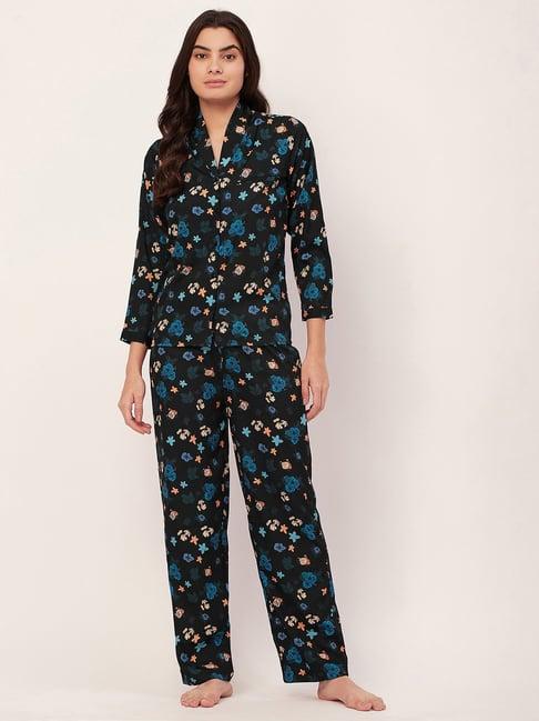 moomaya black satin floral print shirt with pyjamas