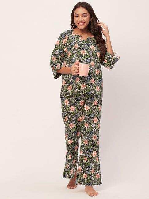moomaya blue & green cotton floral print top with pyjamas