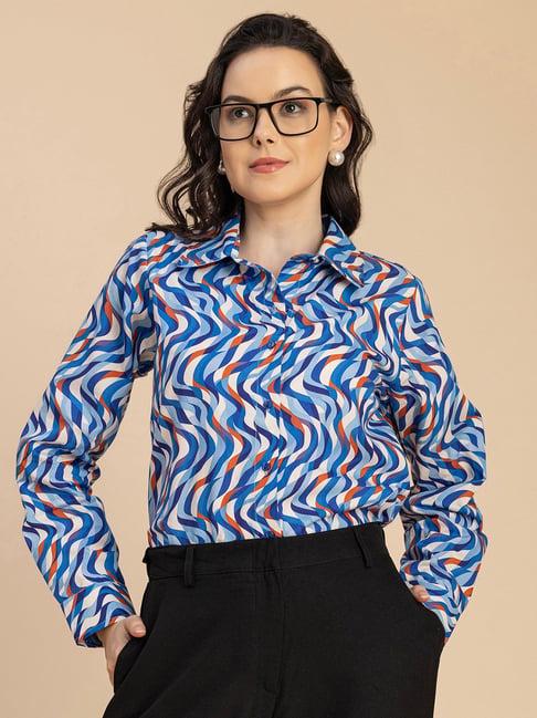 moomaya blue & orange cotton printed shirt