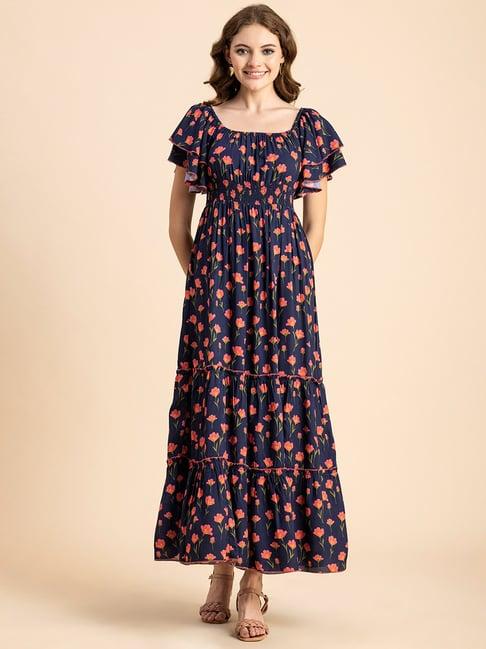 moomaya blue & red floral print maxi dress