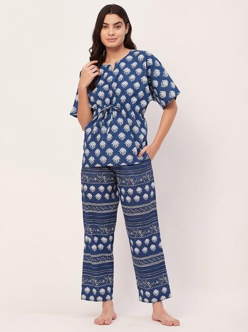 moomaya blue & white cotton floral print top with pyjamas