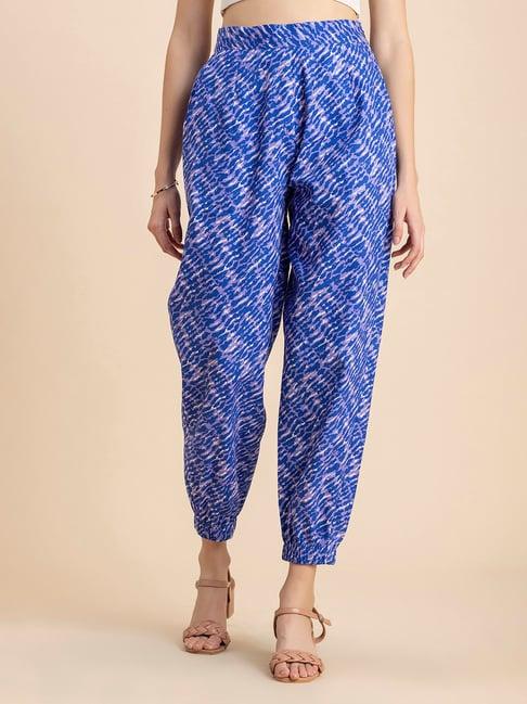 moomaya blue & white cotton printed high rise joggers