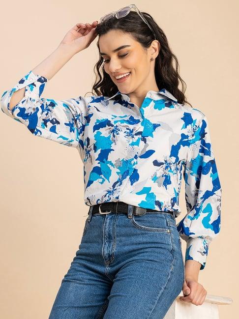 moomaya blue & white cotton printed shirt