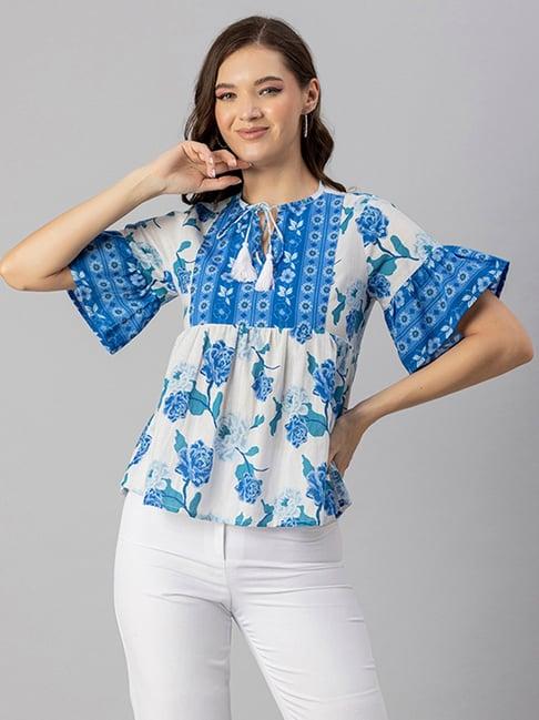 moomaya blue & white floral print top