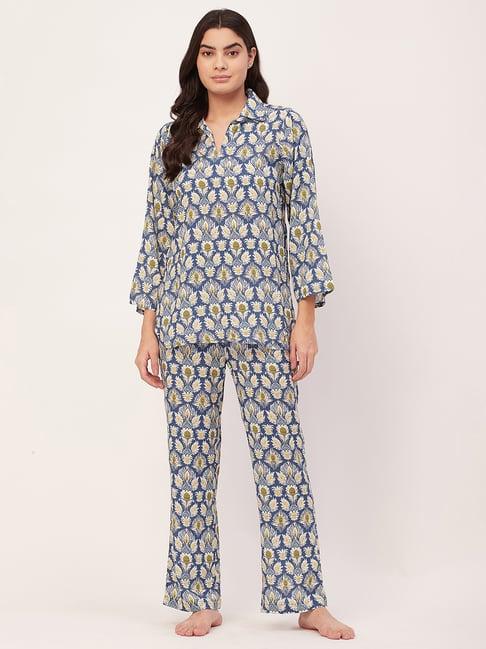 moomaya blue & white floral print tunic with pyjamas