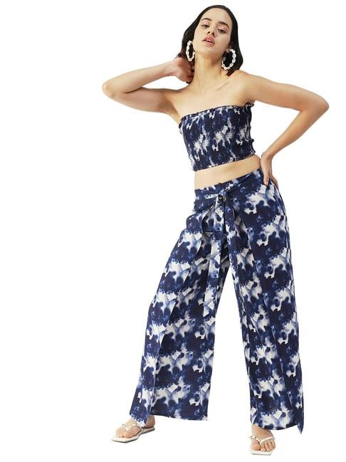 moomaya blue & white printed crop top with palazzos