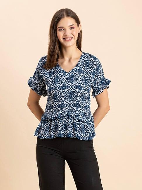 moomaya blue & white printed top