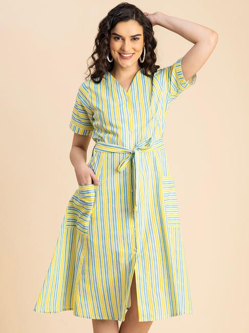 moomaya blue & yellow cotton striped shirt dress