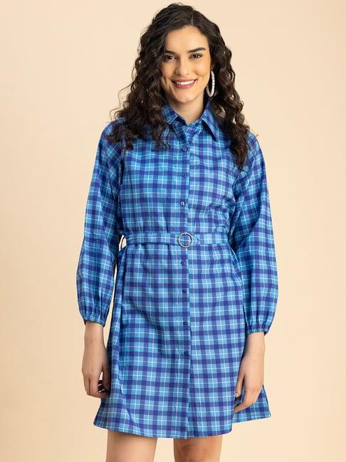 moomaya blue cotton checks shirt dress