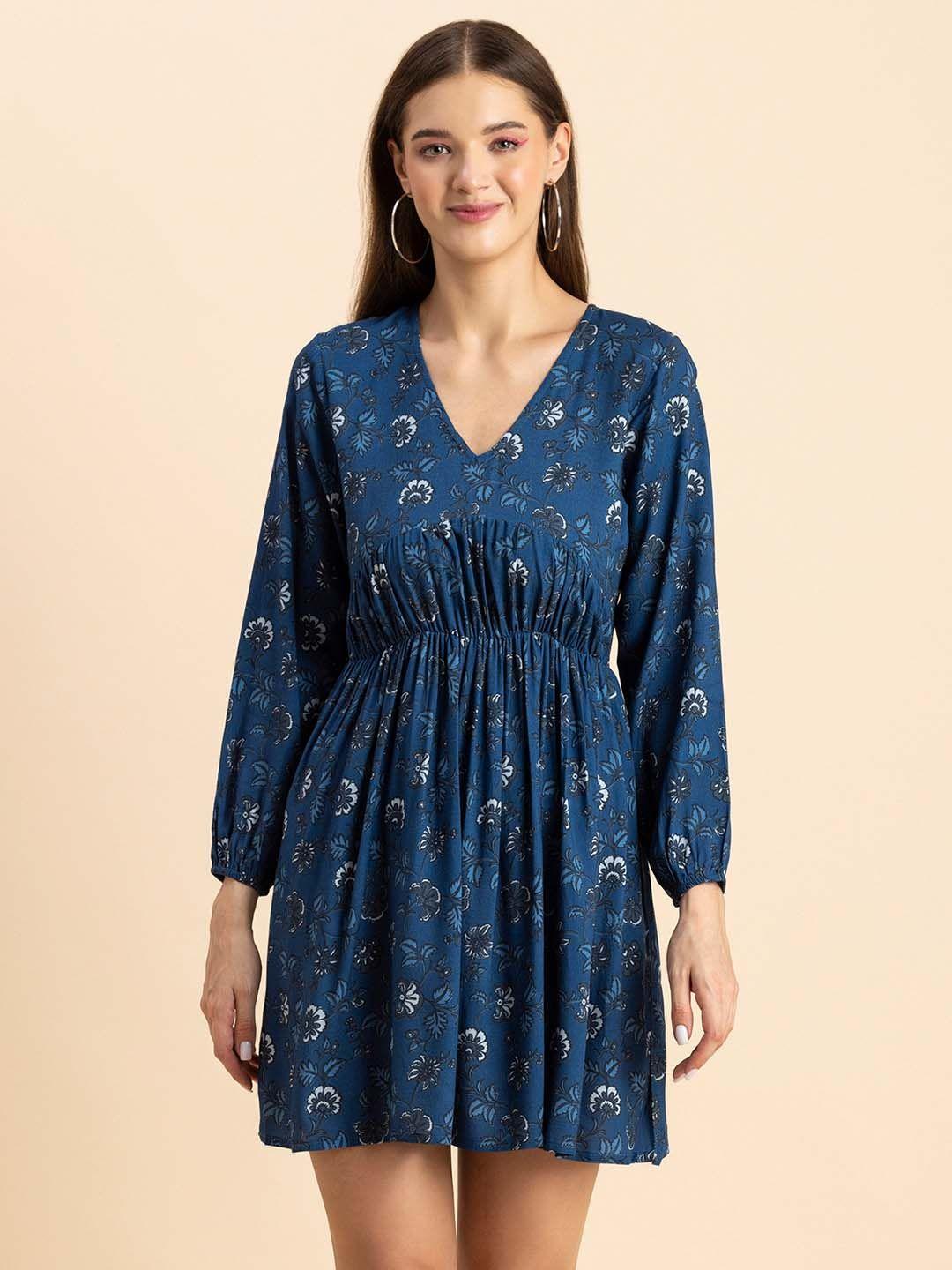 moomaya blue floral print fit & flare dress