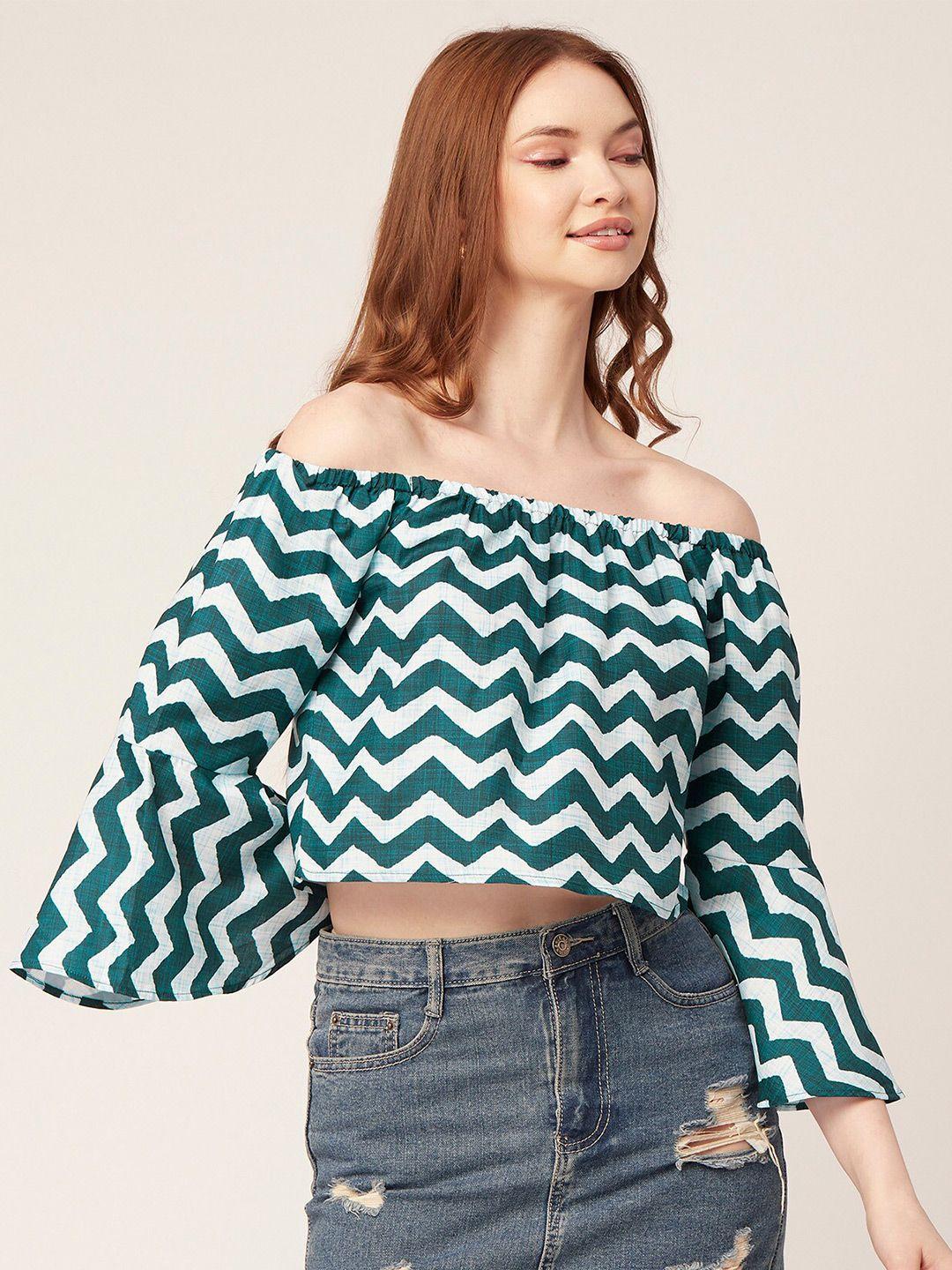 moomaya blue geometric print off-shoulder bell sleeve bardot crop top