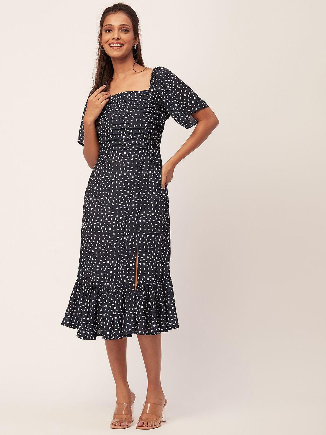 moomaya blue print flared sleeve fit & flare midi dress