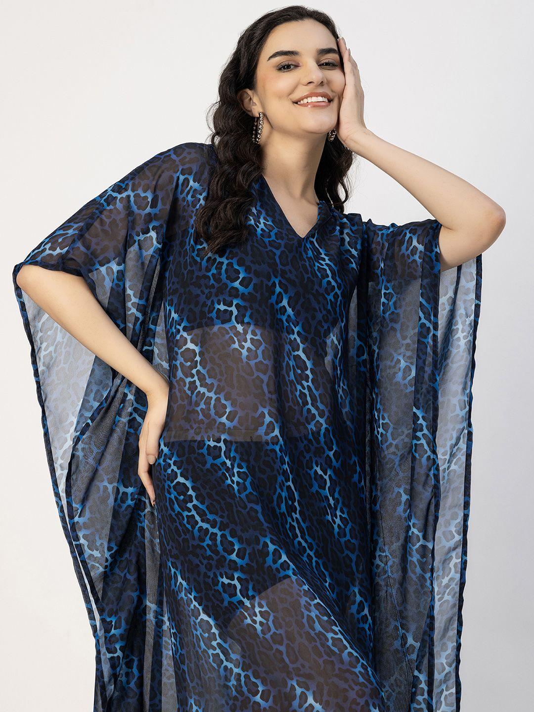 moomaya blue print kimono sleeve georgette kaftan maxi dress