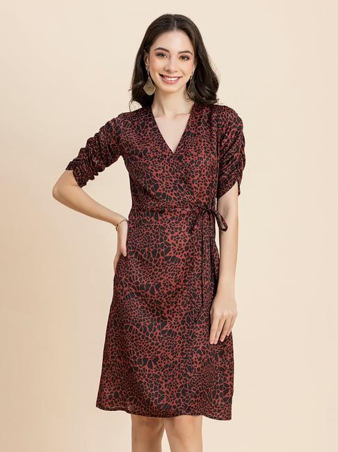 moomaya brown & black printed wrap dress