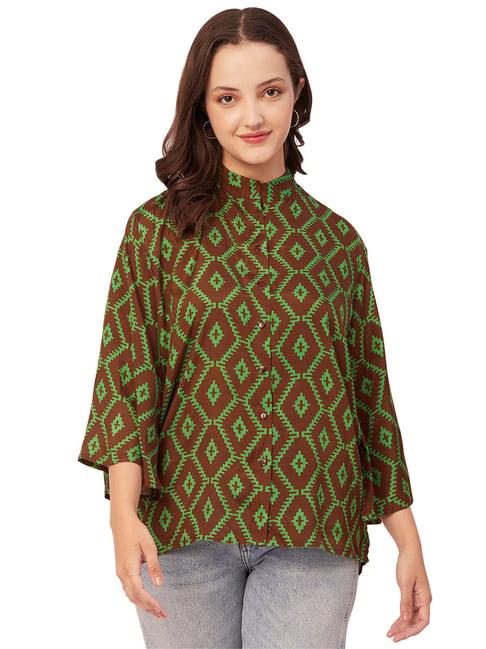 moomaya brown & green viscose printed shirt