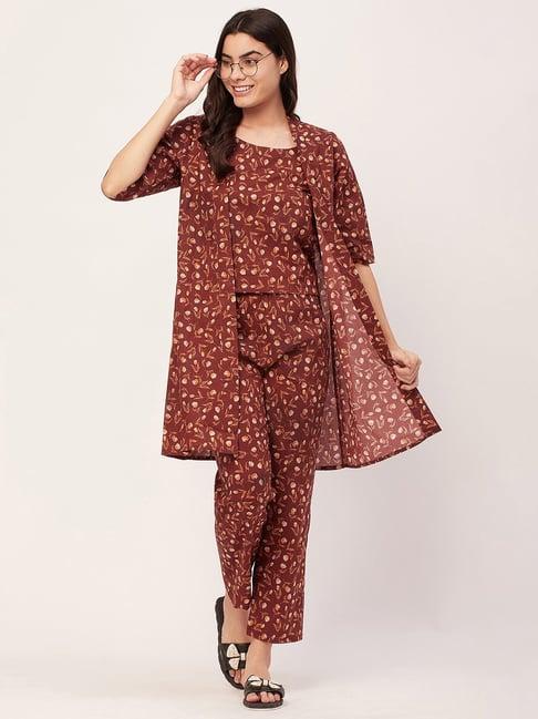 moomaya brown cotton floral print top with pyjamas & shrug