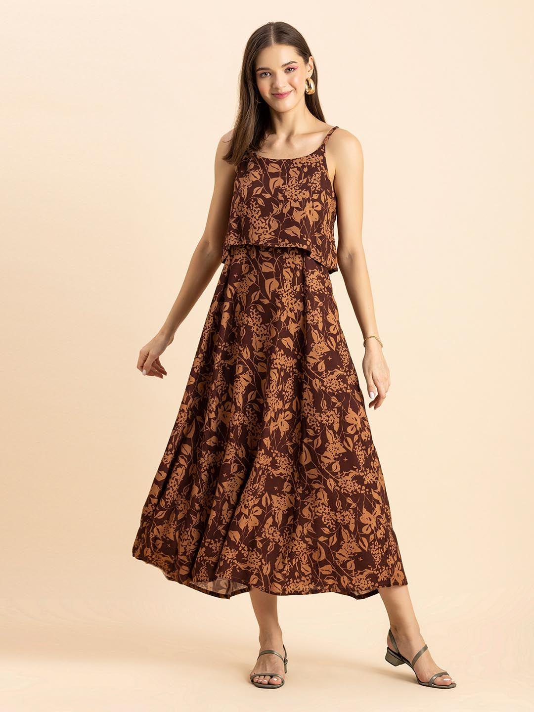 moomaya brown floral print a-line maxi dress