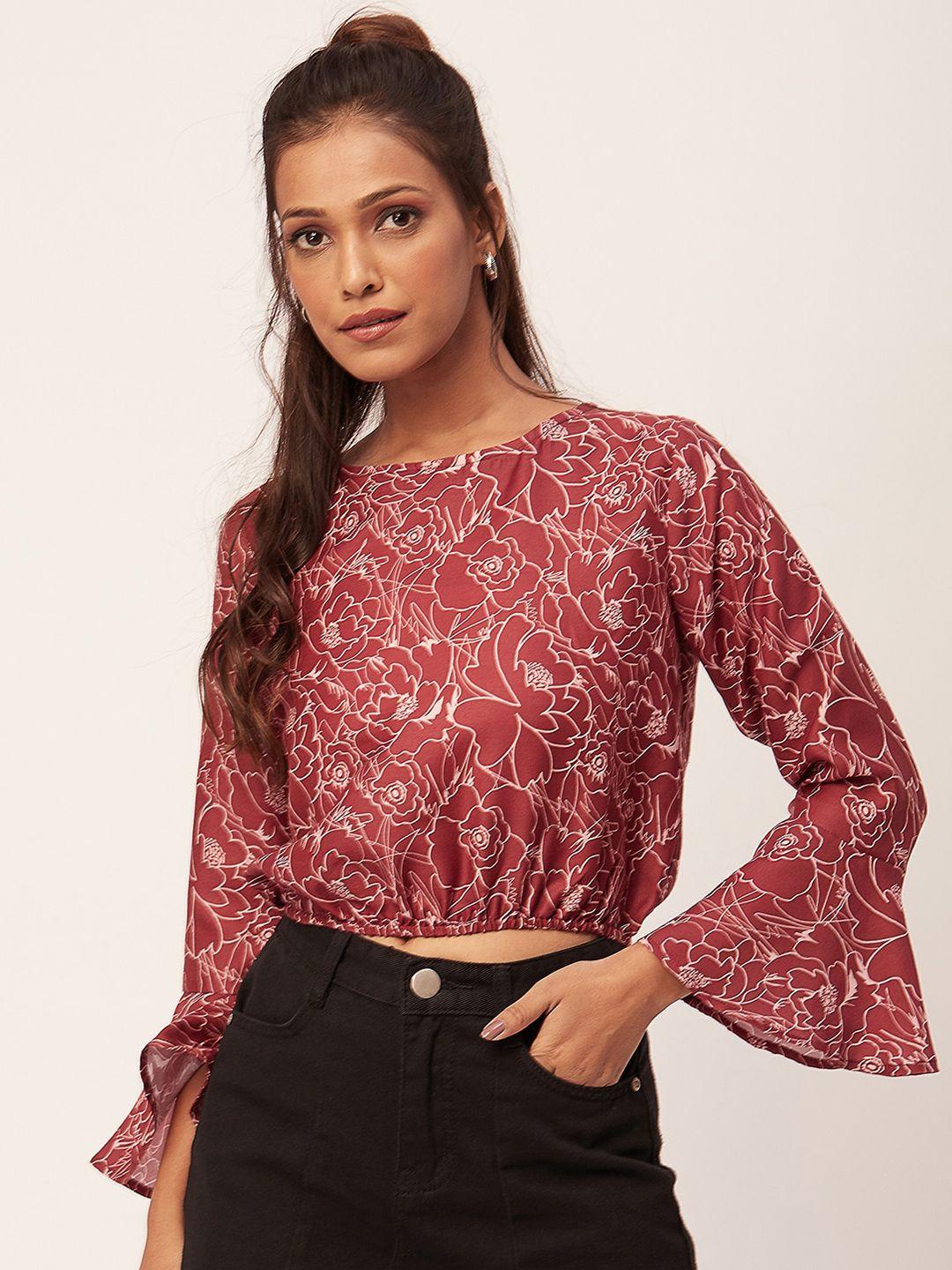 moomaya brown floral print bell sleeve crop top