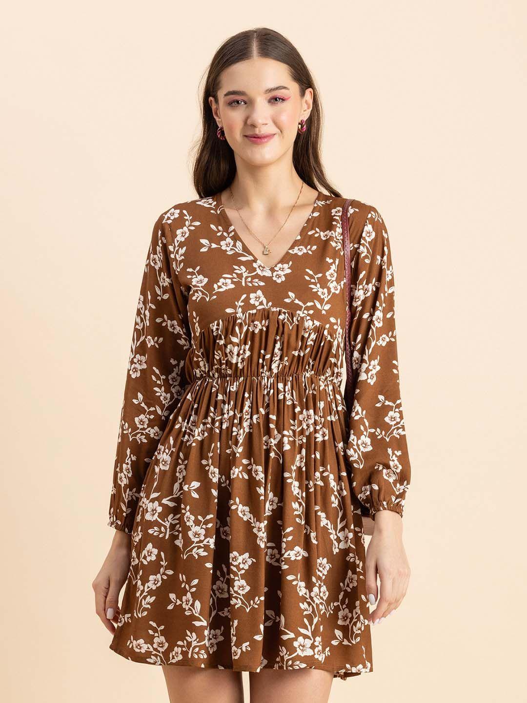 moomaya brown floral print fit & flare dress