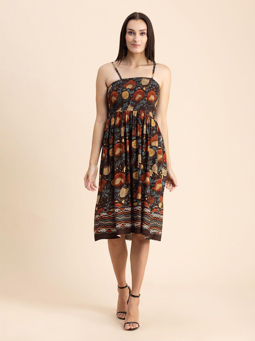 moomaya brown floral print fit & flare dress