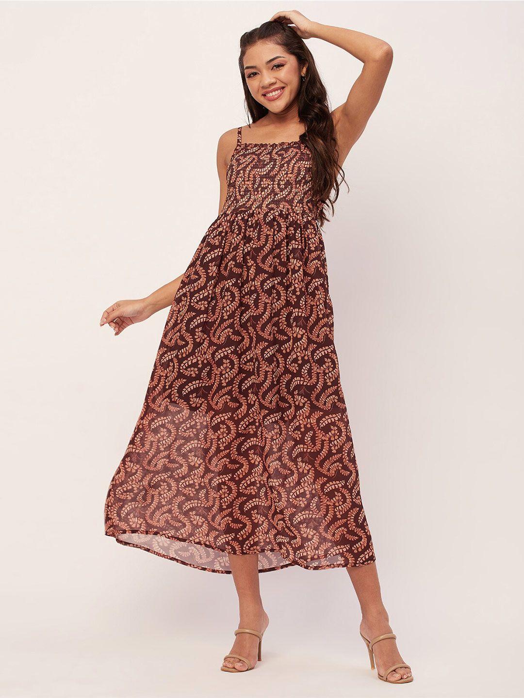 moomaya brown floral print georgette a-line midi dress