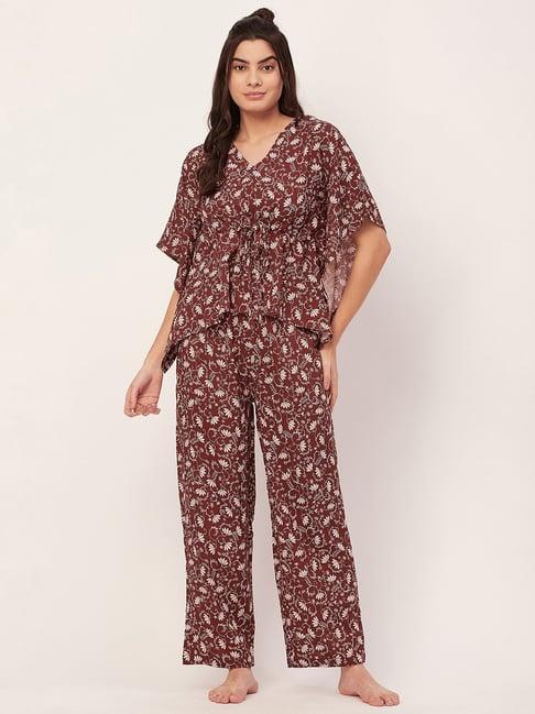 moomaya brown floral print kaftan top with pyjamas