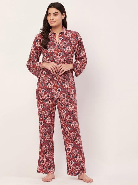moomaya brown floral print tunic with pyjamas
