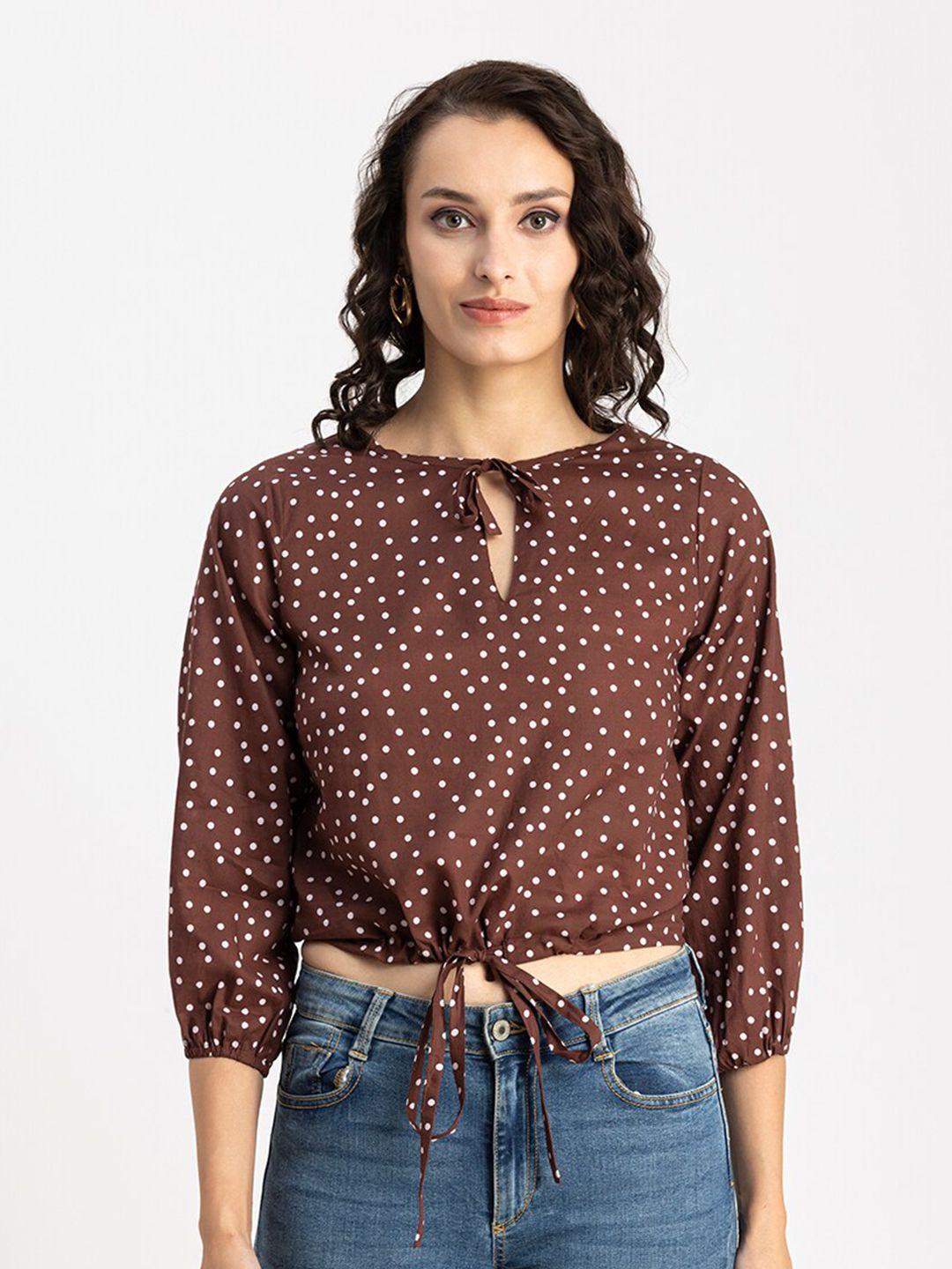 moomaya brown geometric print keyhole neck puff sleeve cotton crop top