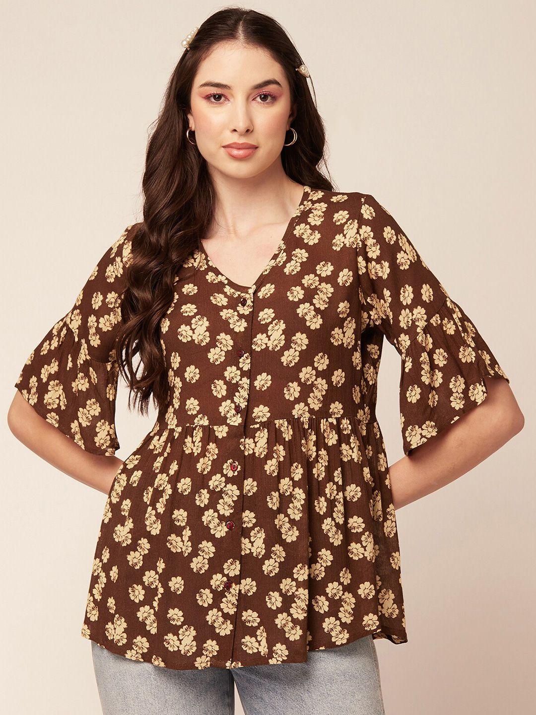 moomaya brown print bell sleeve crepe empire top