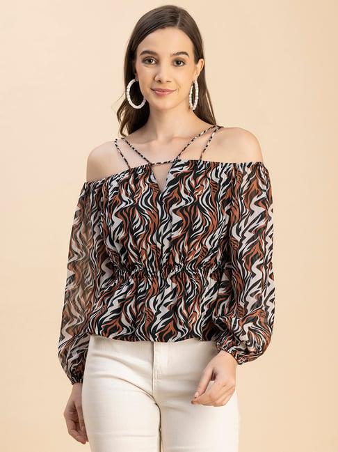 moomaya brown printed peplum top