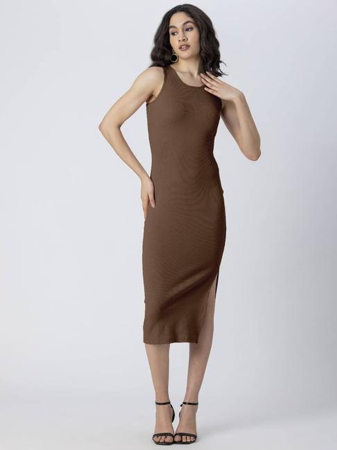 moomaya brown slim fit bodycon dress