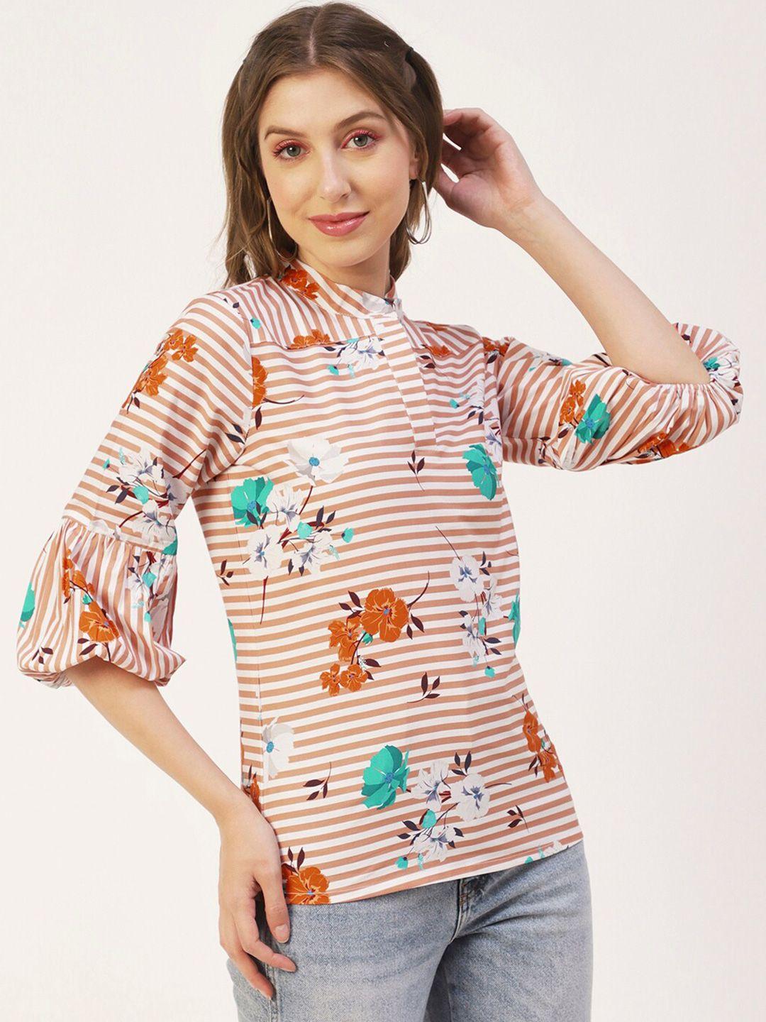 moomaya brown striped mandarin collar bell sleeve cotton top