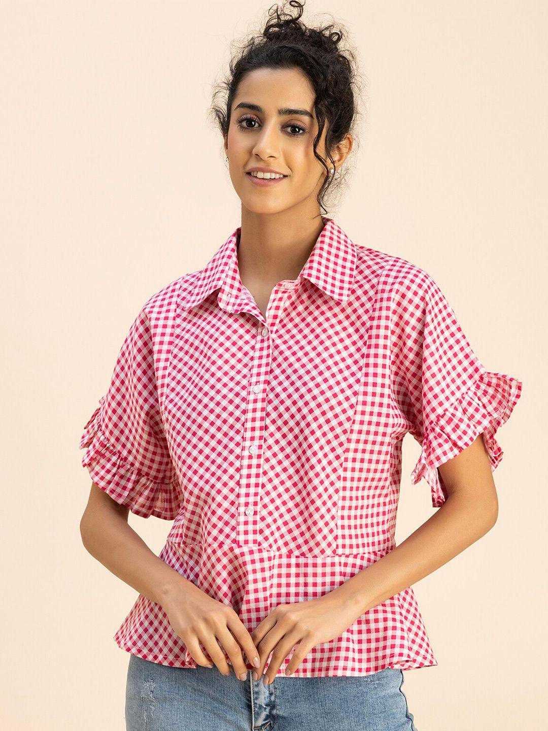 moomaya checked bell sleeve cotton shirt style top