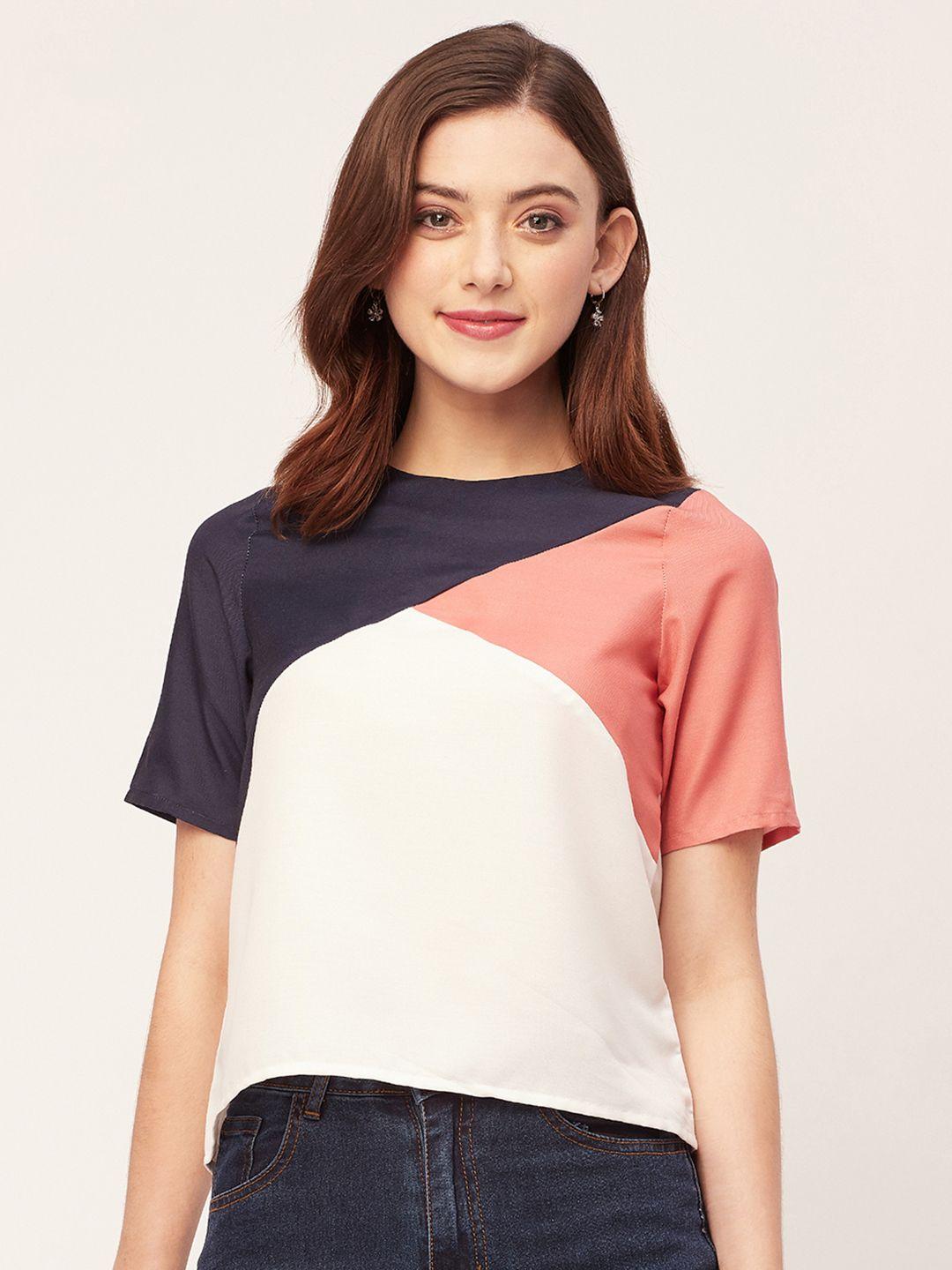 moomaya colourblocked round neck short sleeves casual top