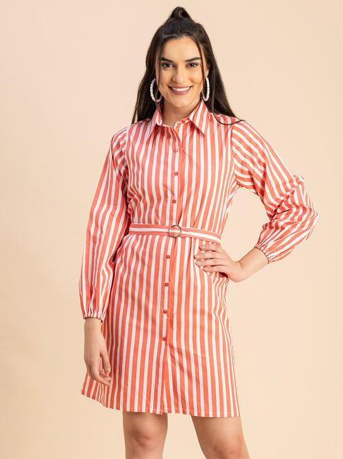 moomaya coral cotton striped shirt dress