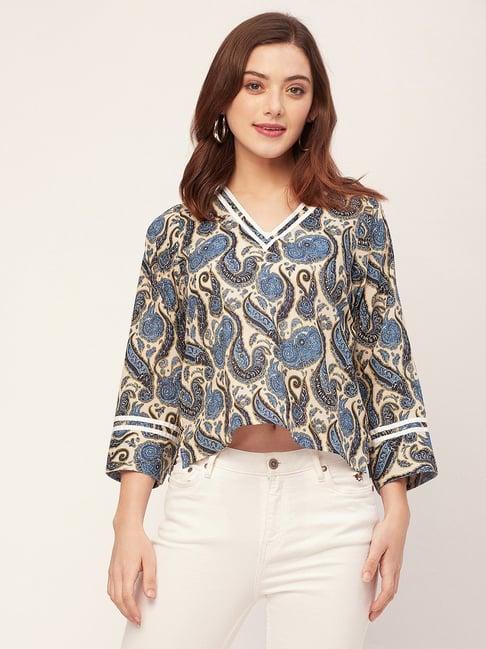 moomaya cream & blue cotton printed top