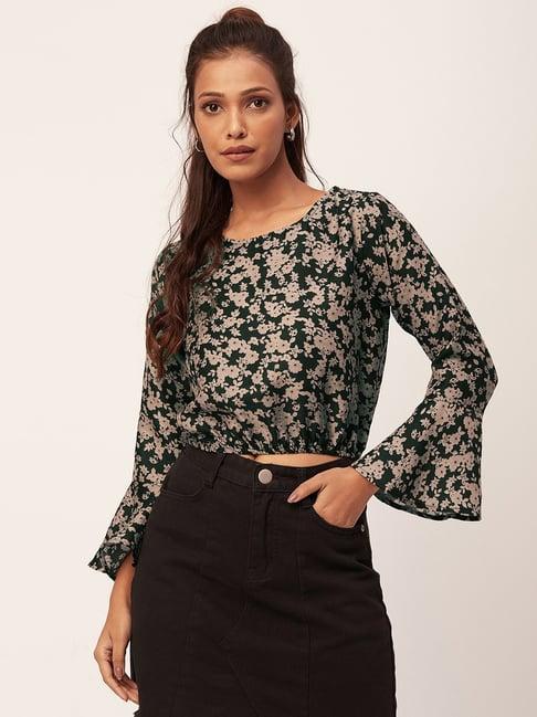 moomaya dark black floral print crop top