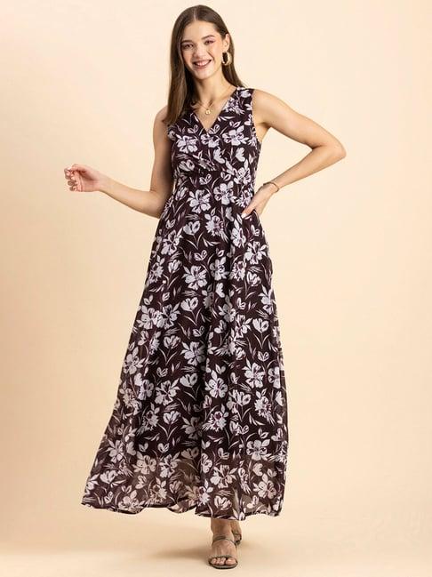 moomaya dark brown & white floral print maxi dress