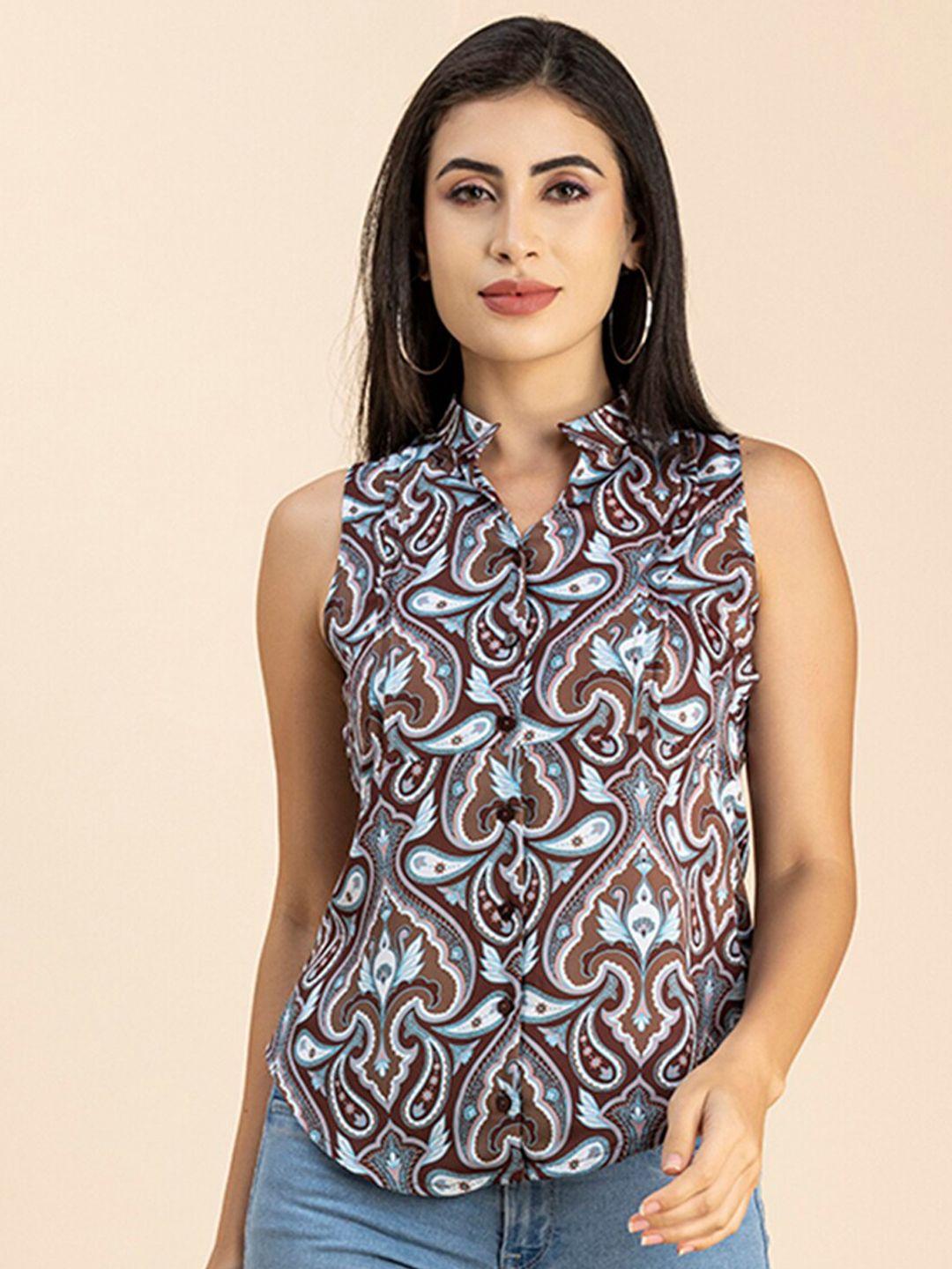 moomaya ethnic motifs printed mandarin collar satin shirt style top
