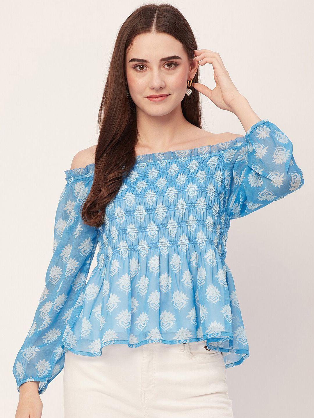 moomaya ethnic motifs printed off-shoulder puff sleeves smocked chiffon regular top