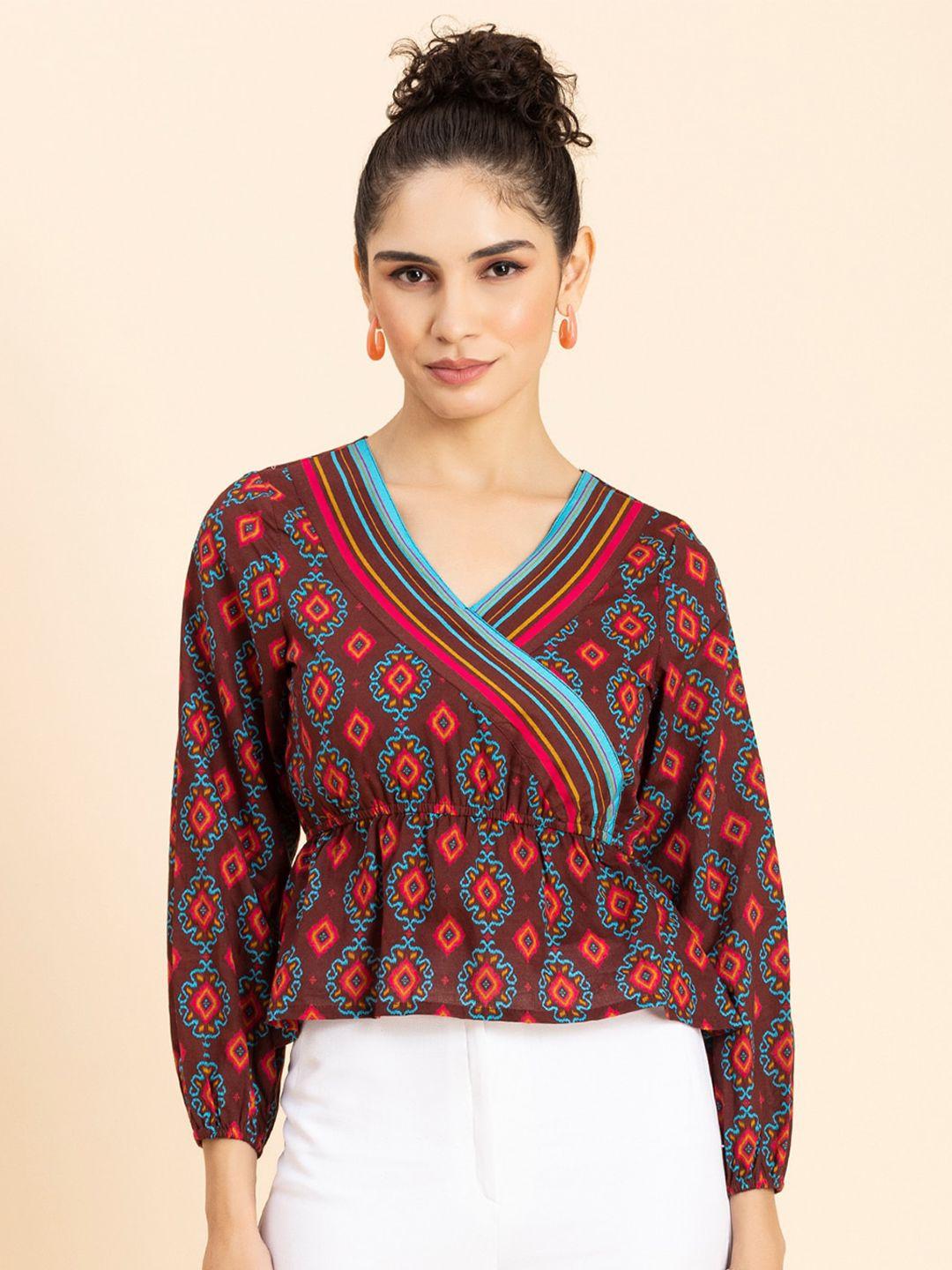 moomaya ethnic motifs printed v-neck puff sleeves cotton cinched waist top