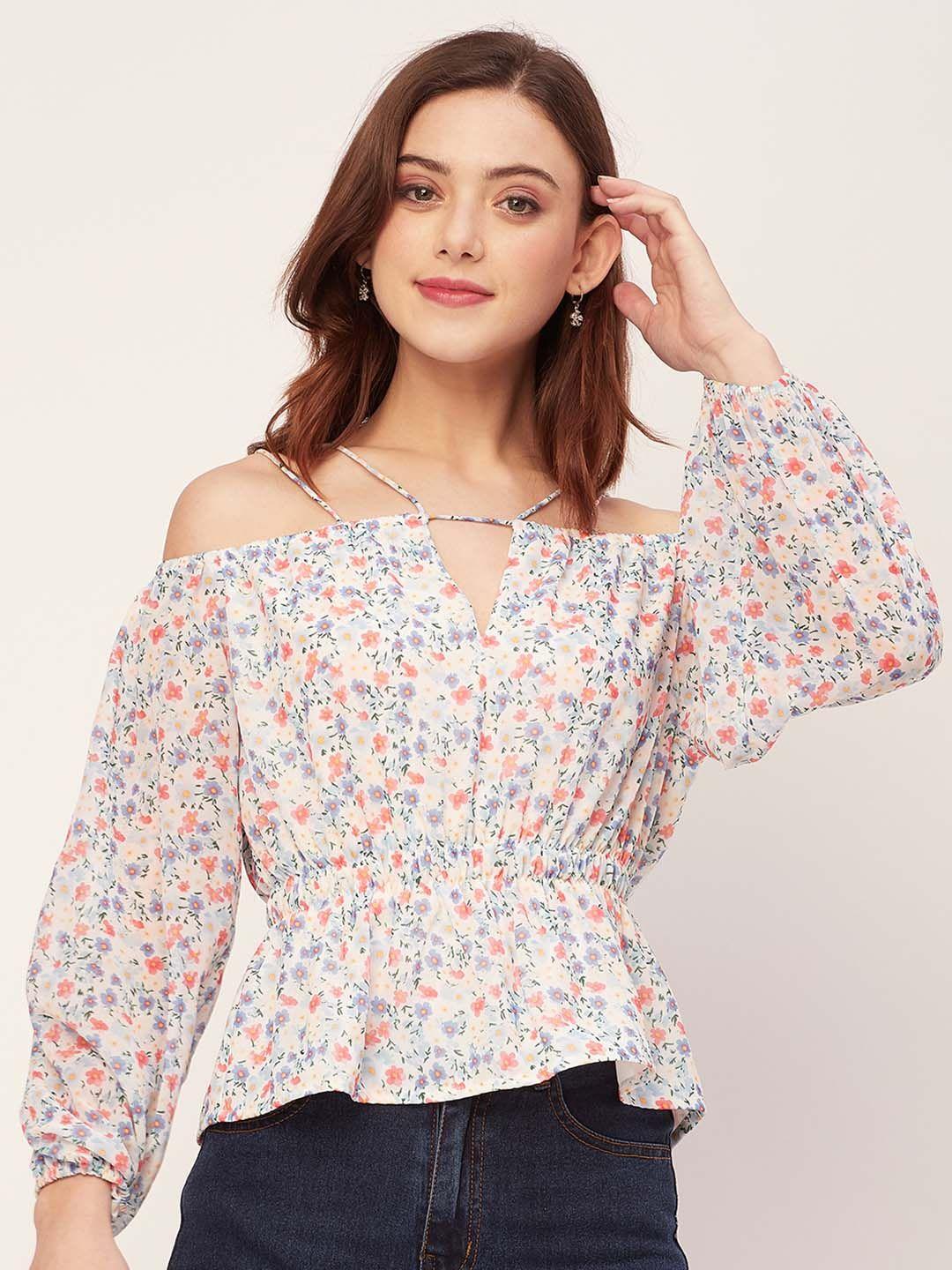 moomaya floral print georgette cinched waist top