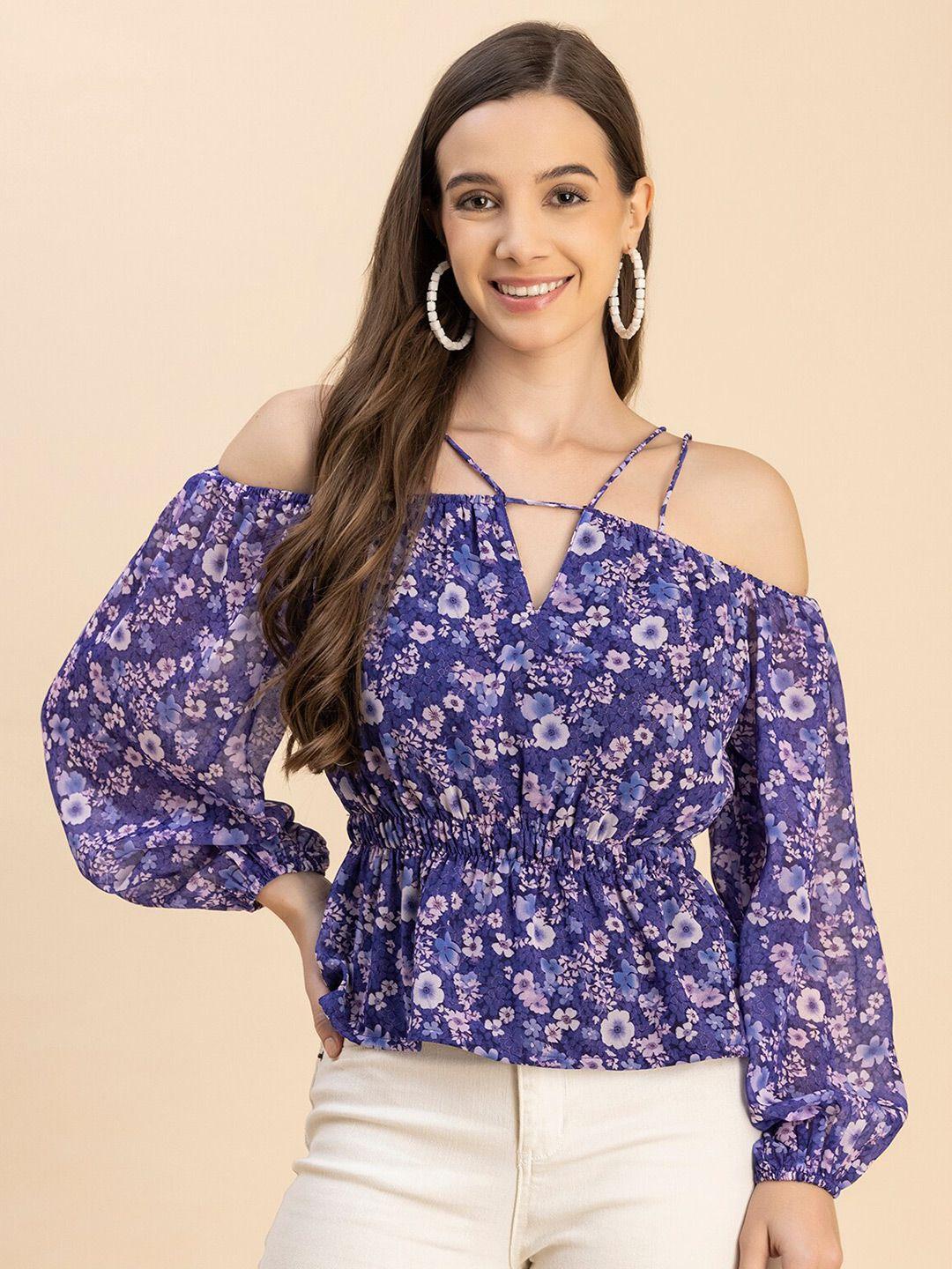 moomaya floral print off shoulder georgette peplum top