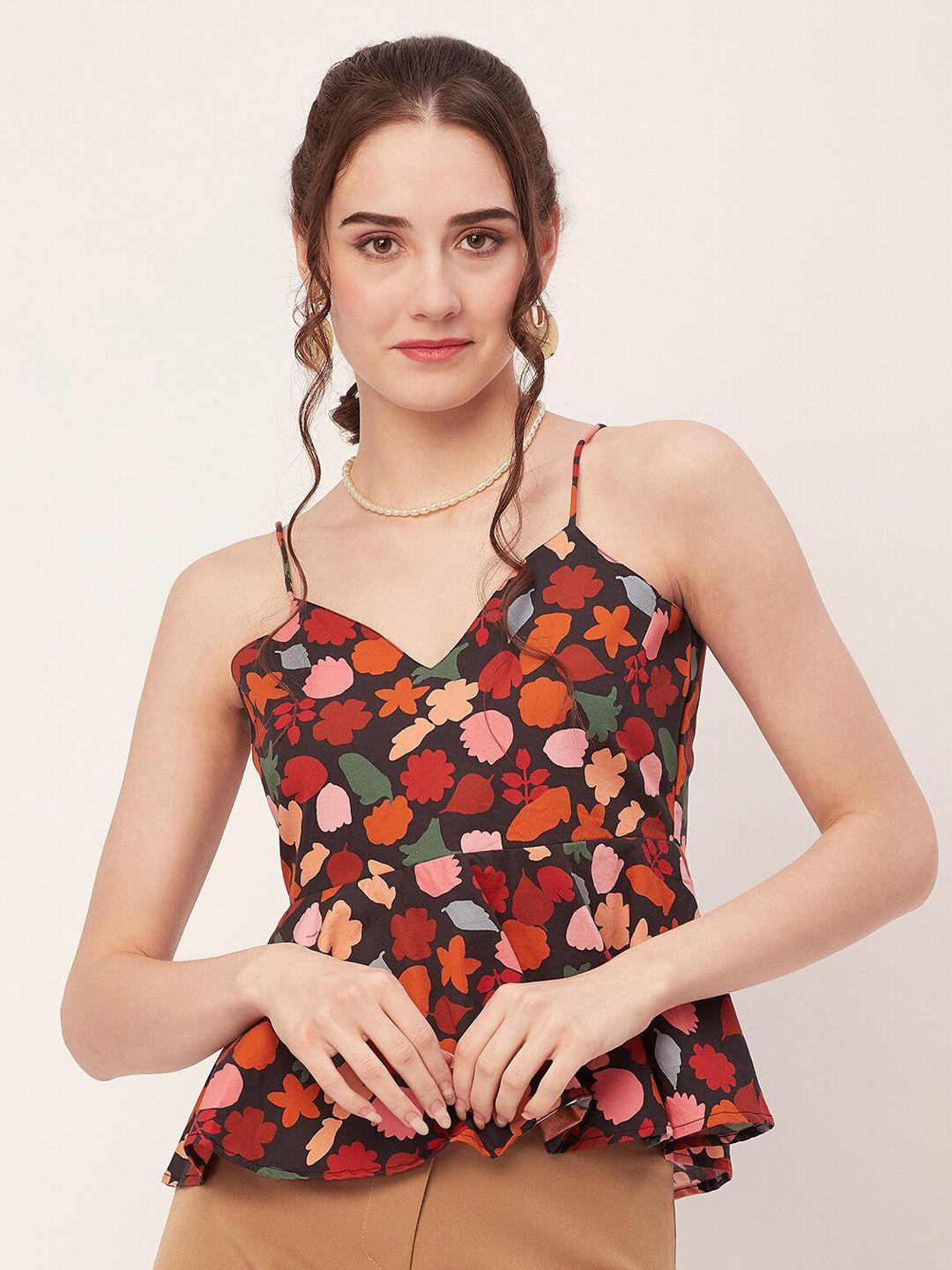 moomaya floral print shoulder strap cotton peplum top